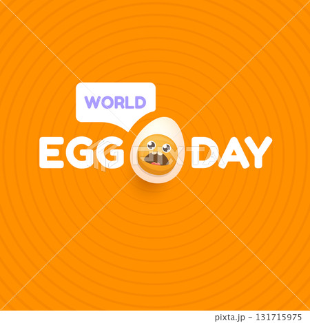 World egg day square greeting card with vector funny cartoon cute smiling tiny egg character isolated on orange geometric pattern background. Egg day poster or banner 131715975