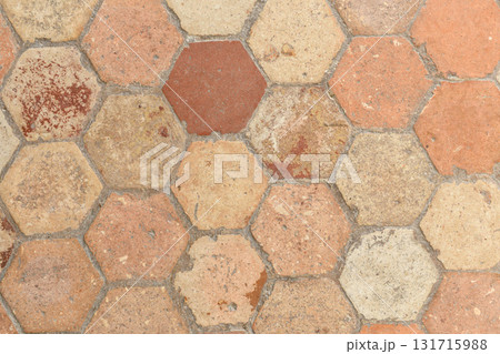Hexagonal vintage beige tile in a french old manor 131715988