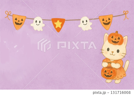 かぼちゃを持ったねこのハロウィンカード・水彩風かわいいイラスト(背景あり) かぼちゃを持ったねこのハロウィンカード・水彩風かわいいイラスト(背景あり) 131716008