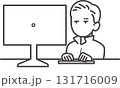 デスクトップパソコンで仕事をする土木技師の男性のイラスト　線画のみ 131716009