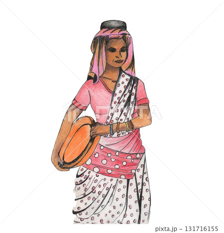 Indian women carries empty bowl, basket in her hands. Adult women in national costume, sari of India. Drawing with colored pencils. Hand drawn character, female Eastern exotic look. A native at work 131716155