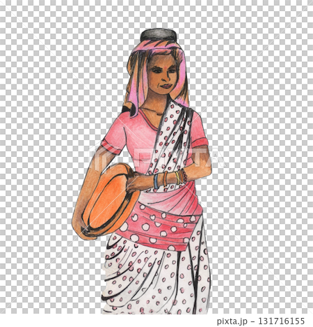 Indian women carries empty bowl, basket in her hands. Adult women in national costume, sari of India. Drawing with colored pencils. Hand drawn character, female Eastern exotic look. A native at work 131716155