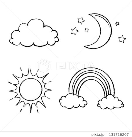 Line vector weather icon big set. Hand drawn by chalk. Outline doodle Illustration with moon, sun, rainbow, cloud and star for climate forecast. Meteorology. 131716207