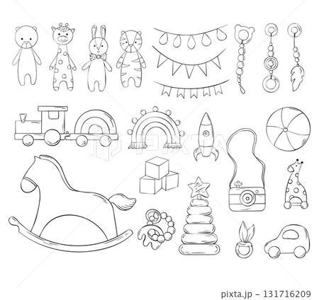 Large Vector baby toys clipart. Outline Wooden cubes, rocket, giraffe. Hand drawn ink. Welcome baby newborn. Engraving illustration for poster, invitation, baby shower, tags, printing 131716209