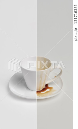 Half clean half stained coffee cup showing dishwashing and hygiene concept collage 131716383