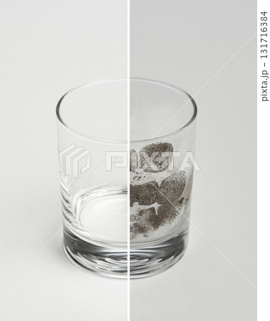 Clear and dirty glass collage showing cleaning result and hygiene contrast 131716384