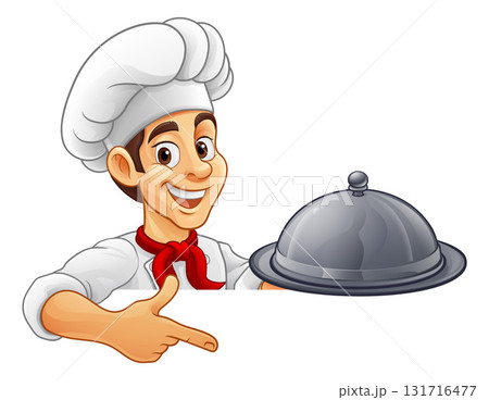 Chef Baker Cook Platter Cartoon Man Pointing Sign Chef Baker Cook Platter Cartoon Man Pointing Sign 131716477