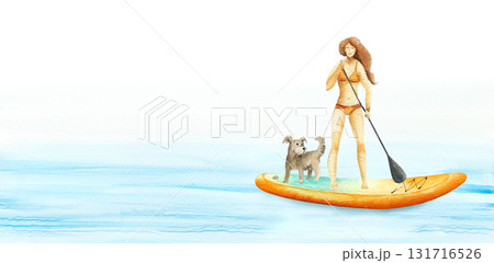 young girl and dog swims on SUP board watercolor isolated illustration. Standup paddle boarder floating in sea water on summer vacation. Modern sports outdoor activity clipart in simple sketch style 131716526