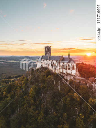 Bezdez Castle stands proudly on a hill, its medieval towers silhouetted against the vibrant colors of a summer sunset in Czechia. The old ruin exudes history while surrounded by lush greenery. 131716605