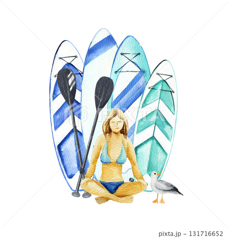 watercolor inflatable paddleboards and two paddles, sitting tanned girl in swimsuit, seabird, hand drawn illustration of summer vacation on water, bright stand up paddle boards, sketch of beach life 131716652
