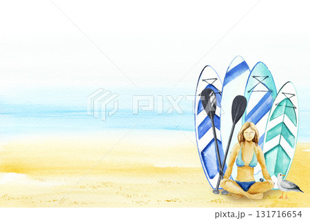 watercolor template of summer beach life, inflatable paddleboards and two paddles, sitting tanned girl in swimsuit, seabird, hand drawn illustration of vacation on water, bright stand up paddle boards watercolor template of summer beach life, inflatable paddleboards and two paddles, sitting tanned girl in swimsuit, seabird, hand drawn illustration of vacation on water, bright stand up paddle boards 131716654