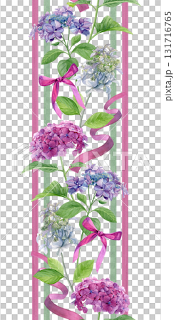 Seamless border with purple, pink and white hydrangeas. Watercolor summer flowers, pink ribbons, bows and stripes isolated on a white background. Good for wallpaper, fabric and greeting cards Seamless border with purple, pink and white hydrangeas. Watercolor summer flowers, pink ribbons, bows and stripes isolated on a white background. Good for wallpaper, fabric and greeting cards 131716765
