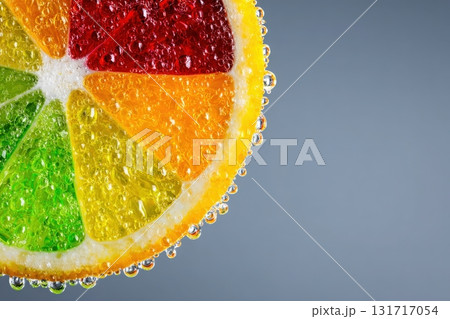 A vibrant citrus slice featuring segments of green, yellow, red, and orange, surrounded by bubbles. The background is a smooth gray, highlighting the freshness and colors of the fruit. 131717054