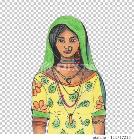 Indian women portrait drawing with colored pencils. Young women in national costume, sari, dupatta, with jewellery. Hand drawn character in children illustration style, female Eastern exotic look. 131717230
