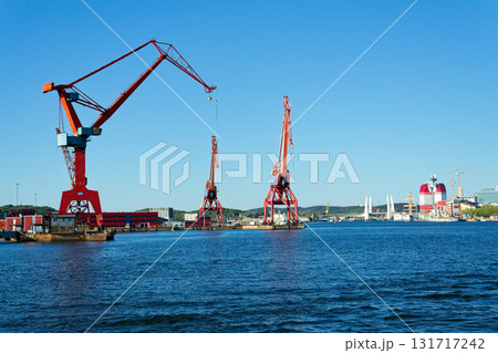 Old historic gantry cranes in Hisingen city landmark, Gothenburg, Sweden, sunny day 131717242