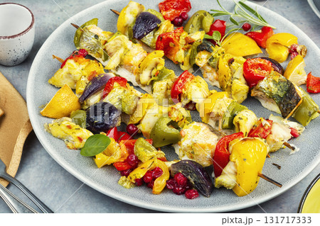 Kebab with fish and vegetables. Kebab with fish and vegetables. 131717333
