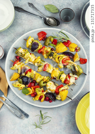 Grilled fish skewers, healthy meal. Grilled fish skewers, healthy meal. 131717335