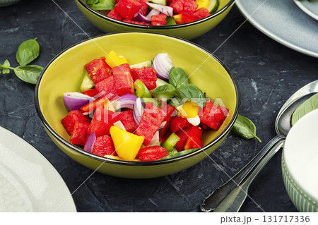 Summer refreshing salad of watermelon and cucumbers. 131717336