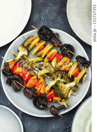 Colorful grilled summer seasonal vegetables skewers. 131717353