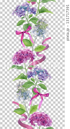 Seamless border with purple, pink and white hydrangeas. Watercolor summer flowers and pink ribbons isolated on a white background. Good for wallpaper, fabric and greeting cards 131717391