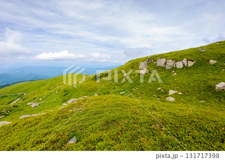 breathtaking mountain landscape with massive rocks on alpine meadow in summer. beautiful nature of carpathian alps. dramatic scenery with hills and green slopes under overcast sky. outdoor adventure 131717398