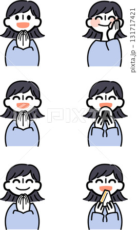 いただきますごちそうさまをしていたり食べ物を食べている女性のイラストセット いただきますごちそうさまをしていたり食べ物を食べている女性のイラストセット 131717421