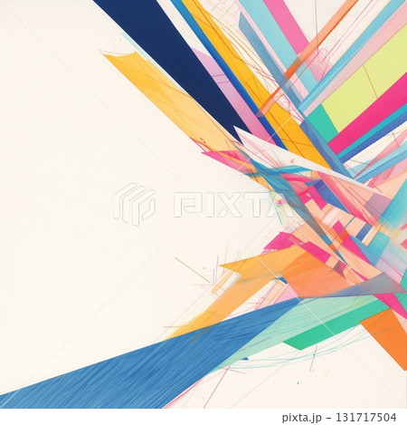 白地に広がる多彩な直線と形状が交差する抽象アート 131717504
