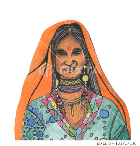 Indian women portrait with bindi, drawing colored pencils. Adult women in national costume, sari, dupatta and jewelry. Hand drawn character in children illustration, female Eastern exotic image 131717536