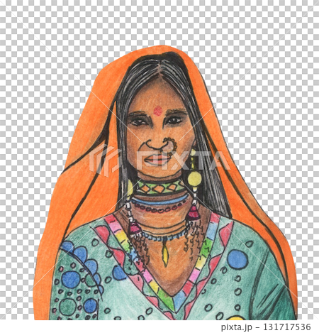 Indian women portrait with bindi, drawing colored pencils. Adult women in national costume, sari, dupatta and jewelry. Hand drawn character in children illustration, female Eastern exotic image 131717536