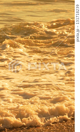 Waves Ocean Sunset: Golden foamy ocean waves shimmer with light at the shore during sunset. 131718239