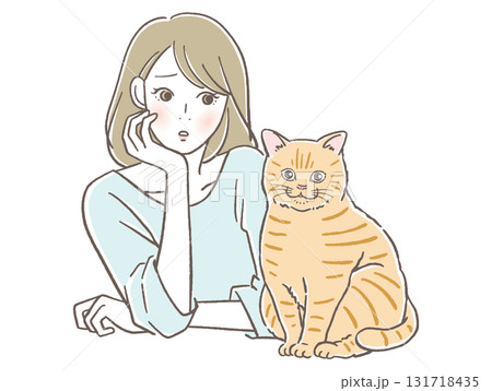 心配そうな女性と猫 心配そうな女性と猫 131718435