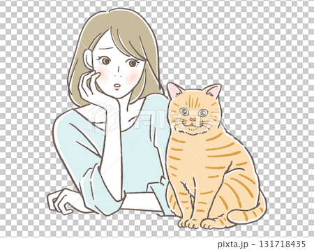 心配そうな女性と猫 心配そうな女性と猫 131718435