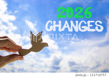 2026 Changes symbol. Concept words 2026 Changes on beautiful blue sky. Beautiful blue sky background. Businessman's hand holds wooden bird. Business and 2026 changes concept. Copy space. 2026 Changes symbol. Concept words 2026 Changes on beautiful blue sky. Beautiful blue sky background. Businessman's hand holds wooden bird. Business and 2026 changes concept. Copy space. 131718757