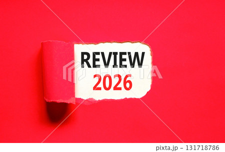 Review 2026 symbol. Concept words Review 2026 on beautiful white paper. Beautiful red paper background. Business and review 2026 concept. Copy space. 131718786