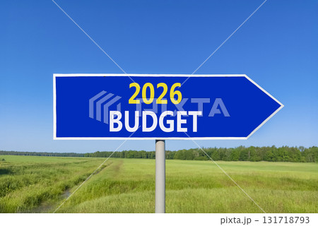 2026 Budget symbol. Concept words 2026 Budget on beautiful blue road sign. Beautiful green grass field forest and blue sky background. Business and 2026 budget concept. Copy space. 131718793