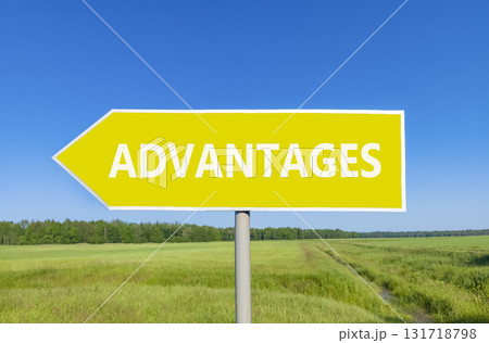 Advantages symbol. Concept word Advantages on beautiful yellow road sign. Beautiful blue sky green grass and forest peaceful nature background. Business advantages concept. Copy space. Advantages symbol. Concept word Advantages on beautiful yellow road sign. Beautiful blue sky green grass and forest peaceful nature background. Business advantages concept. Copy space. 131718798