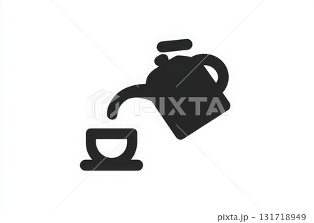 A kettle tilts gracefully as it pours tea into a small cup. The scene is minimalistic, showcasing the fluid motion and simplicity of the act of making tea. 131718949