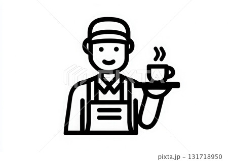 A barista is happily serving coffee to customers at a small cafe. The setting features a welcoming atmosphere with simple decor and the aroma of freshly brewed coffee. 131718950