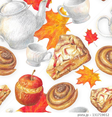 Hand drawn seamless pattern with pice of apple pie, cinnamon bun, autumn leaves, teapot, candle, baked apple for graphic design. Hand drawn seamless pattern with pice of apple pie, cinnamon bun, autumn leaves, teapot, candle, baked apple for graphic design. 131719012
