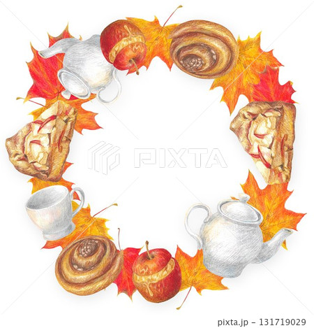 Hand drawn round frame with pice of apple pie, baked caramel apple, cinnamon bun, white porcelain teapot, cup and autumn maple leaves. 131719029