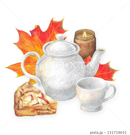 Hand drawn illustration with pice of apple pie, white porcelain teapot, cup, candle and autumn maple leaves for graphic design.  131719031