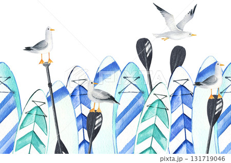 different watercolor inflatable paddleboards stands, flying and sitting seabird, black paddles, hand drawn illustration of bright stand up paddle board, seamless board, sketch of summer vacation different watercolor inflatable paddleboards stands, flying and sitting seabird, black paddles, hand drawn illustration of bright stand up paddle board, seamless board, sketch of summer vacation 131719046