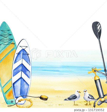 watercolor inflatable paddleboards stands on beach, seabird, black paddle, pump, seascape, hand drawn illustration of stand up paddle board, frame, sketch of summer vacation watercolor inflatable paddleboards stands on beach, seabird, black paddle, pump, seascape, hand drawn illustration of stand up paddle board, frame, sketch of summer vacation 131719352