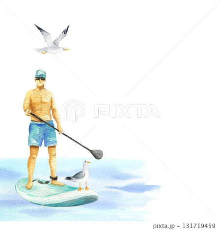 young man with seagull swims on SUP board. Standup paddle boarder floating in sea water on summer vacation, watercolor isolated illustration. Modern sports outdoor activity clipart in simple sketch young man with seagull swims on SUP board. Standup paddle boarder floating in sea water on summer vacation, watercolor isolated illustration. Modern sports outdoor activity clipart in simple sketch 131719459