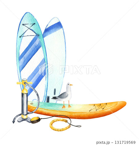 watercolor set of inflatable paddleboards, recumbent and standing, seabirds, pump and rescue safety belt, bright color, illustration of stand up paddle board, equipment, sketch of summer rest on water watercolor set of inflatable paddleboards, recumbent and standing, seabirds, pump and rescue safety belt, bright color, illustration of stand up paddle board, equipment, sketch of summer rest on water 131719569