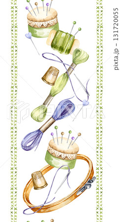 watercolor handiwork tools, hand drawn sketch of embroidery needlework accessory, embroidery frame, seamless board, flosses, yarn, thimble, pincushion, illustration for women blogs, shop decoration watercolor handiwork tools, hand drawn sketch of embroidery needlework accessory, embroidery frame, seamless board, flosses, yarn, thimble, pincushion, illustration for women blogs, shop decoration 131720055