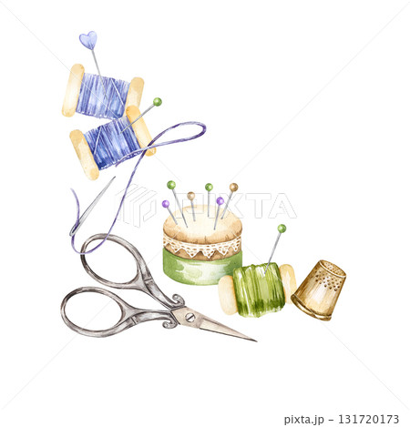 watercolor handiwork tools, hand drawn sketch of embroidery needlework accessory, scissors, flosses, yarn, thimble, pincushion, cozy home hobby, corner composition for women blogs, shops decoration watercolor handiwork tools, hand drawn sketch of embroidery needlework accessory, scissors, flosses, yarn, thimble, pincushion, cozy home hobby, corner composition for women blogs, shops decoration 131720173