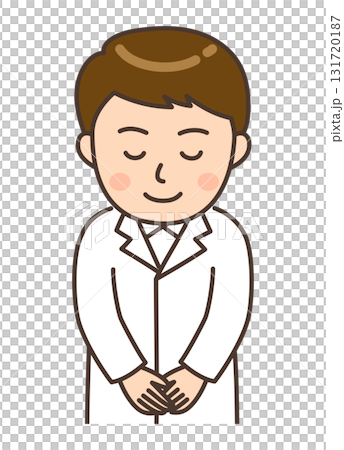 Illustration of a young male pharmacist bowing his head 131720187