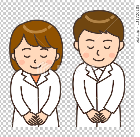 Illustration of a young male and female pharmacist bowing 131720188