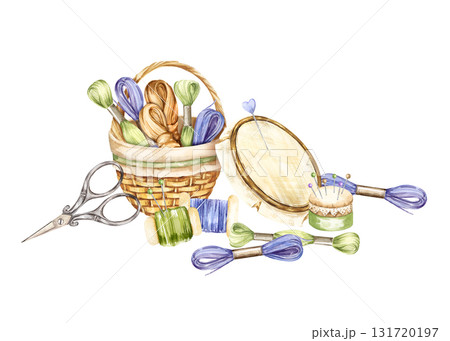 watercolor brown willow basket with threads, yarn, scissors, pincushion, flosses, needle pad, needles, embroidery hoop, handiwork set, hand drawn sketch of accessory, cozy home hobby for shop decor 131720197